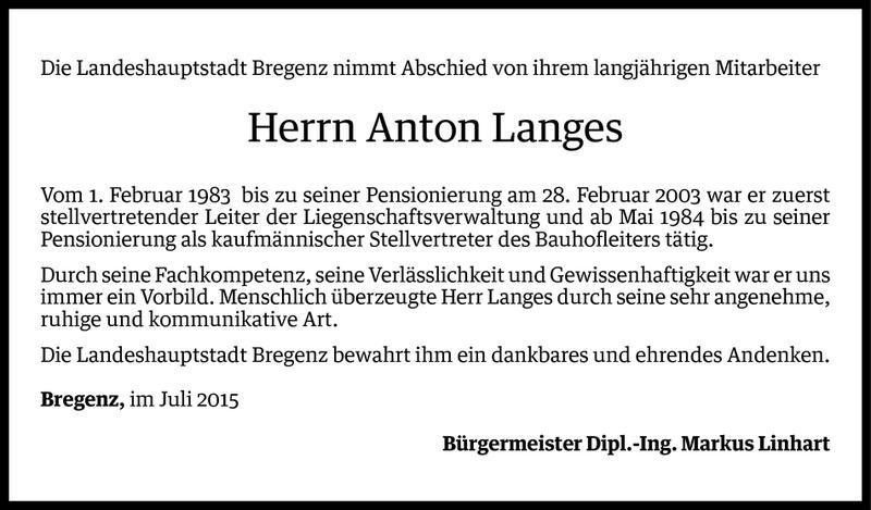  Todesanzeige für Anton Langes vom 29.07.2015 aus Vorarlberger Nachrichten