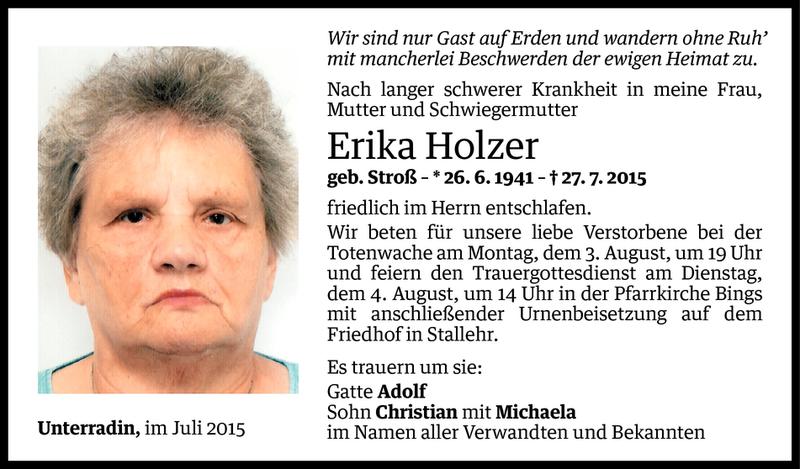  Todesanzeige für Erika Holzer vom 31.07.2015 aus Vorarlberger Nachrichten