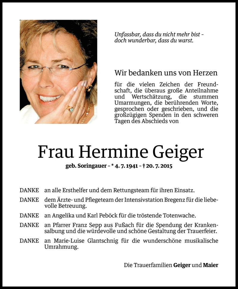 Todesanzeigen von Hermine Geiger | Todesanzeigen Vorarlberger Nachrichten