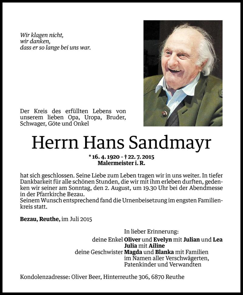  Todesanzeige für Hans Sandmayr vom 01.08.2015 aus Vorarlberger Nachrichten