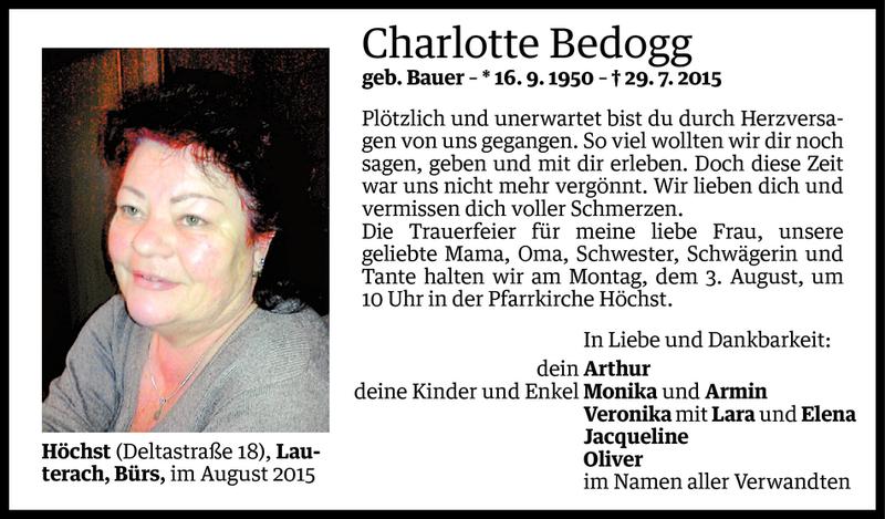  Todesanzeige für Charlotte Bedogg vom 31.07.2015 aus Vorarlberger Nachrichten