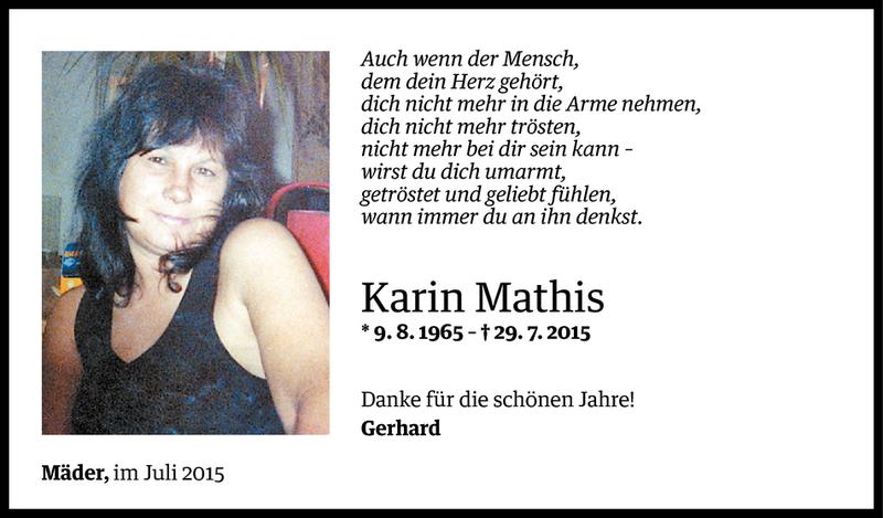  Todesanzeige für Karin Mathis vom 31.07.2015 aus Vorarlberger Nachrichten