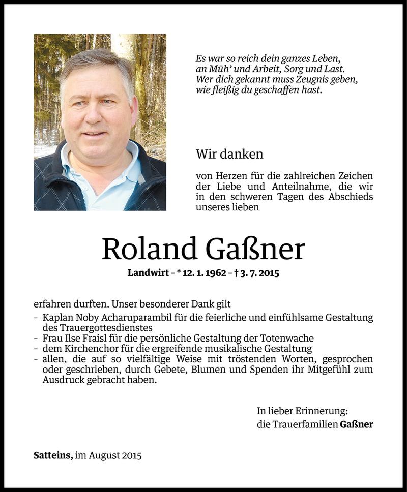  Todesanzeige für Roland Gaßner vom 31.07.2015 aus Vorarlberger Nachrichten