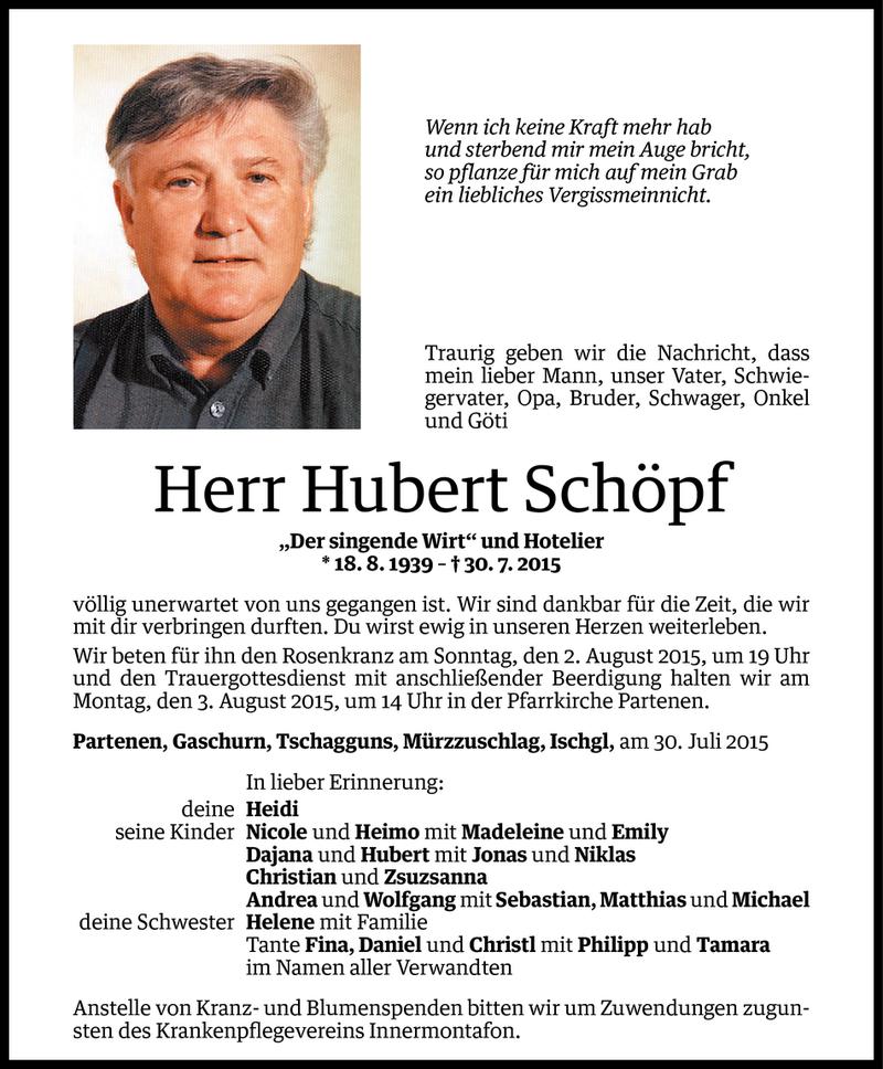  Todesanzeige für Hubert Schöpf vom 31.07.2015 aus Vorarlberger Nachrichten