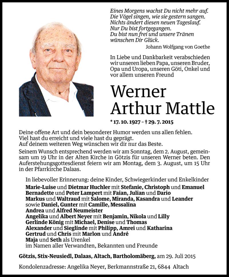  Todesanzeige für Werner Arthur Mattle vom 01.08.2015 aus Vorarlberger Nachrichten