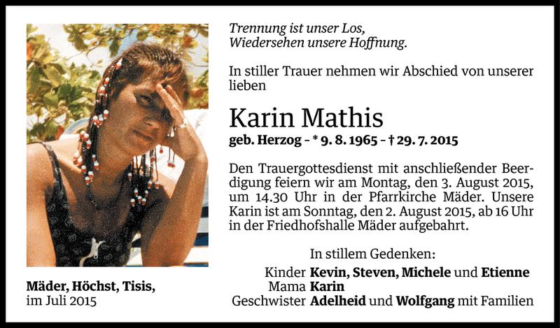  Todesanzeige für Karin Mathis vom 31.07.2015 aus Vorarlberger Nachrichten