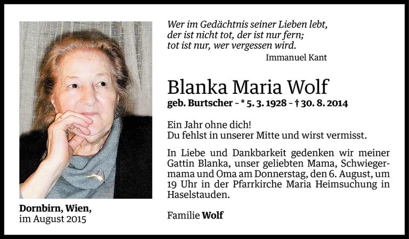  Todesanzeige für Blanka Maria Wolf vom 02.08.2015 aus Vorarlberger Nachrichten