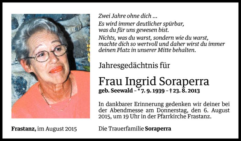  Todesanzeige für Ingrid Soraperra vom 02.08.2015 aus Vorarlberger Nachrichten