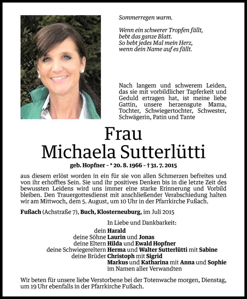  Todesanzeige für Michaela Sutterlütti vom 02.08.2015 aus Vorarlberger Nachrichten