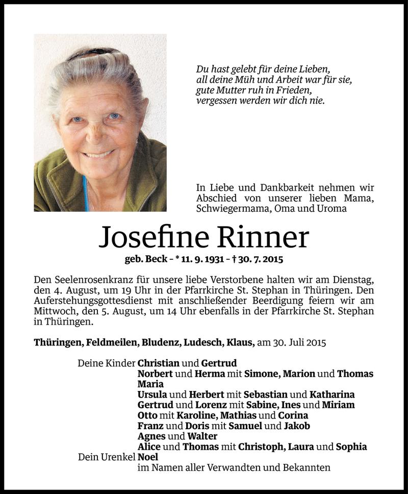  Todesanzeige für Josefine Rinner vom 02.08.2015 aus Vorarlberger Nachrichten