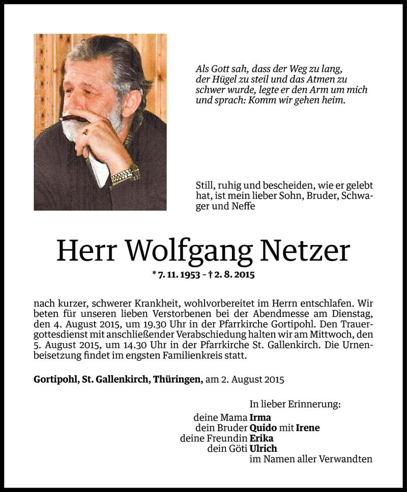  Todesanzeige für Wolfgang Netzer vom 03.08.2015 aus Vorarlberger Nachrichten