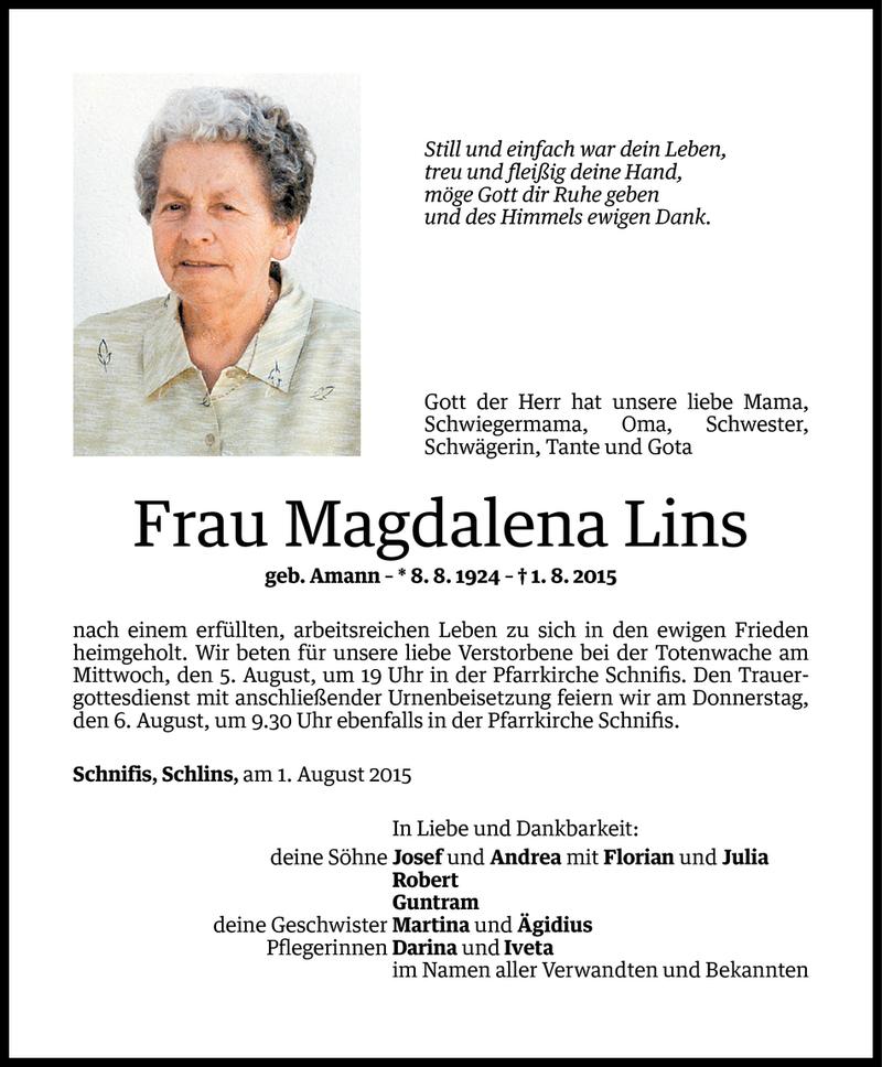  Todesanzeige für Magdalena Lins vom 03.08.2015 aus Vorarlberger Nachrichten