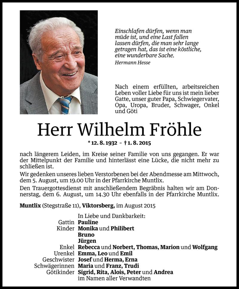 Todesanzeige für Wilhelm Fröhle vom 04.08.2015 aus Vorarlberger Nachrichten