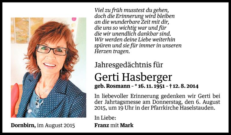  Todesanzeige für Gertrude Hasberger vom 03.08.2015 aus Vorarlberger Nachrichten