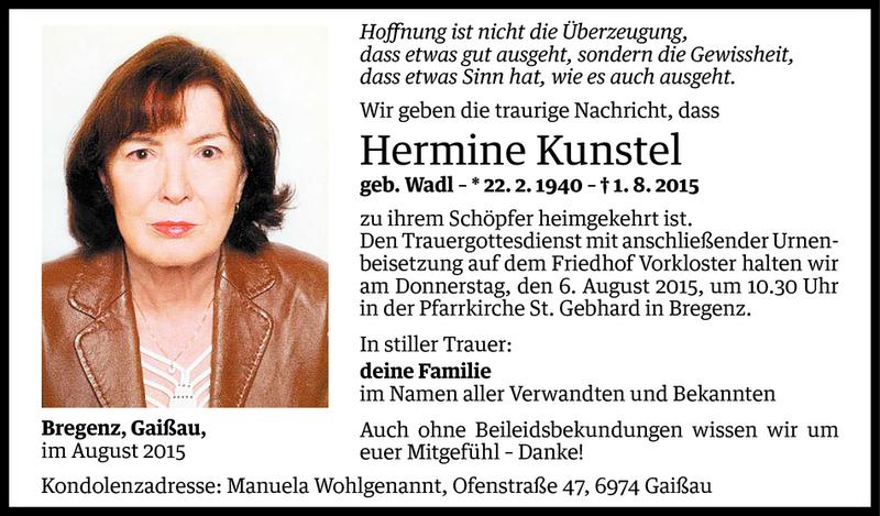  Todesanzeige für Hermine Kunstel vom 03.08.2015 aus Vorarlberger Nachrichten