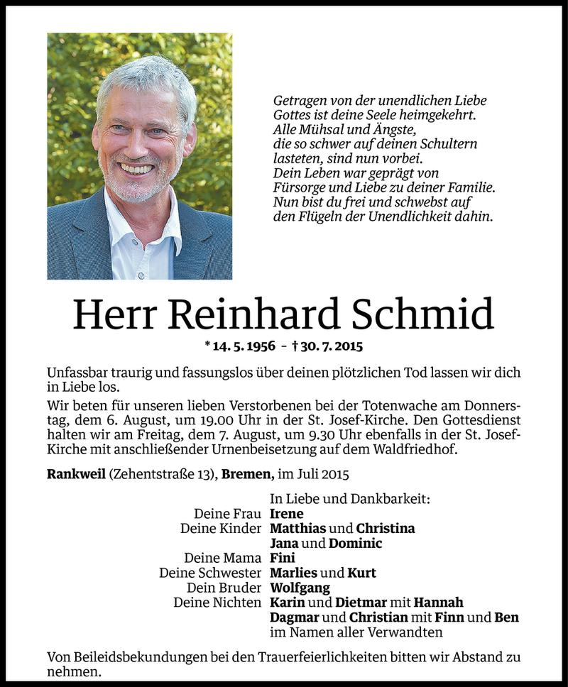  Todesanzeige für Reinhard Schmid vom 04.08.2015 aus Vorarlberger Nachrichten