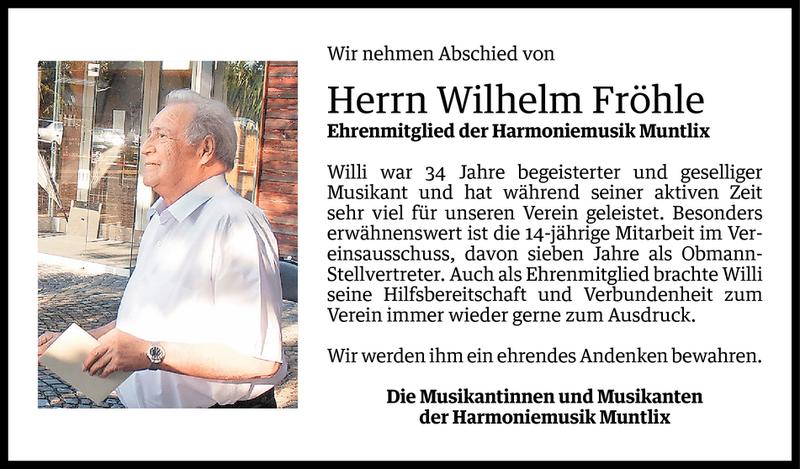  Todesanzeige für Wilhelm Fröhle vom 03.08.2015 aus Vorarlberger Nachrichten