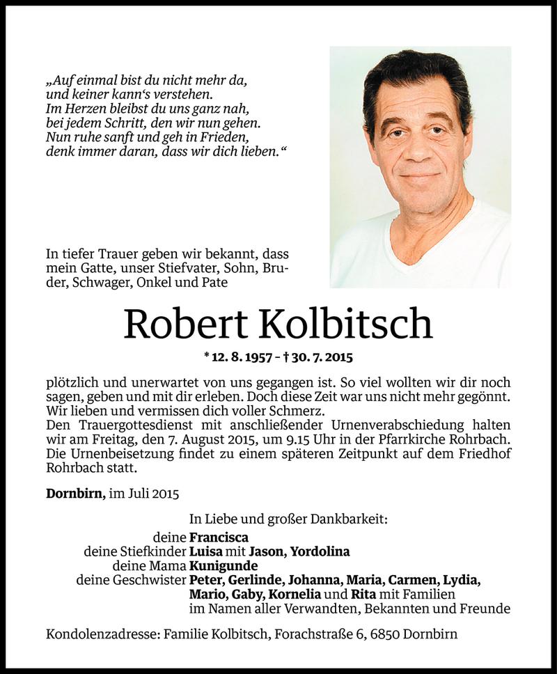  Todesanzeige für Robert Kolbitsch vom 04.08.2015 aus Vorarlberger Nachrichten