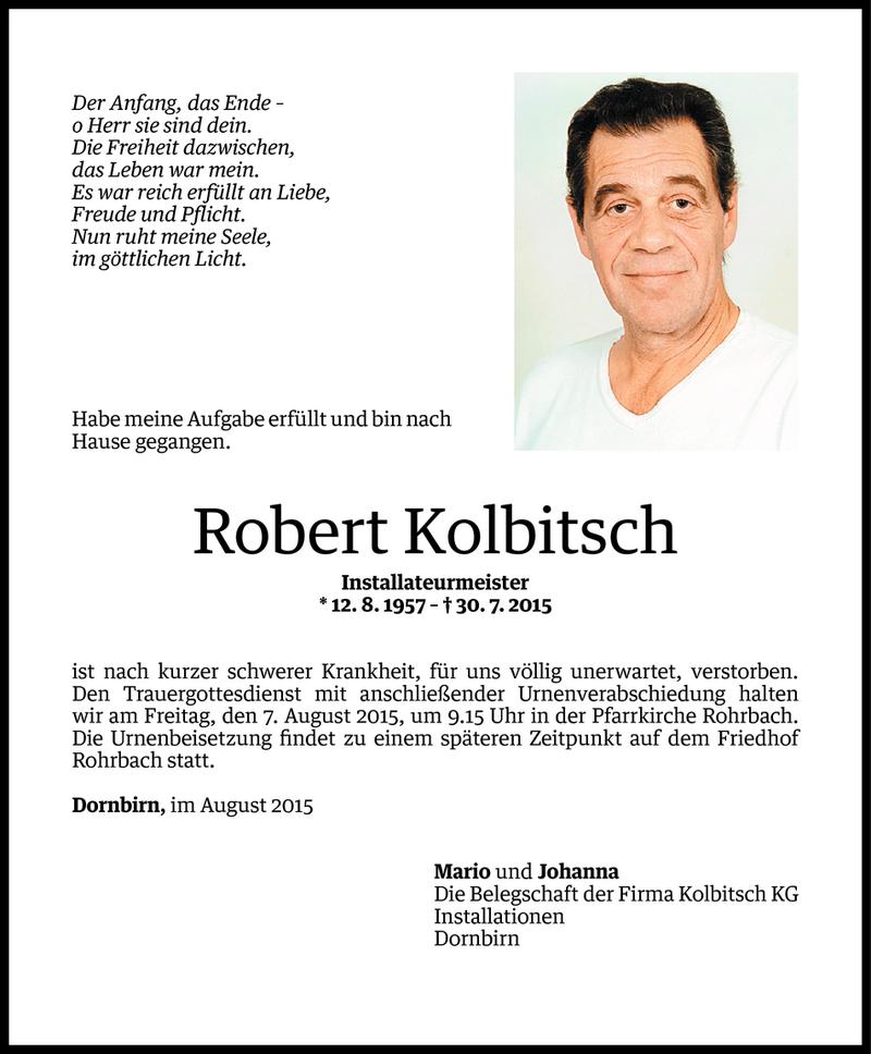  Todesanzeige für Robert Kolbitsch vom 04.08.2015 aus Vorarlberger Nachrichten