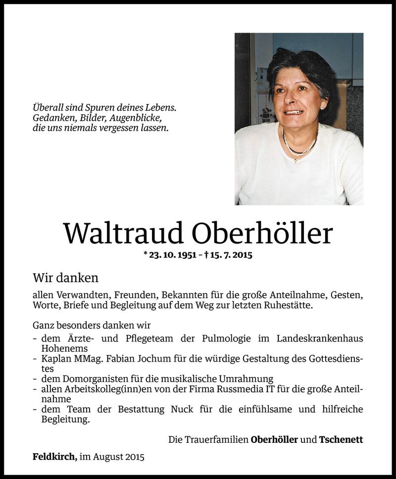  Todesanzeige für Waltraud Oberhöller vom 04.08.2015 aus Vorarlberger Nachrichten