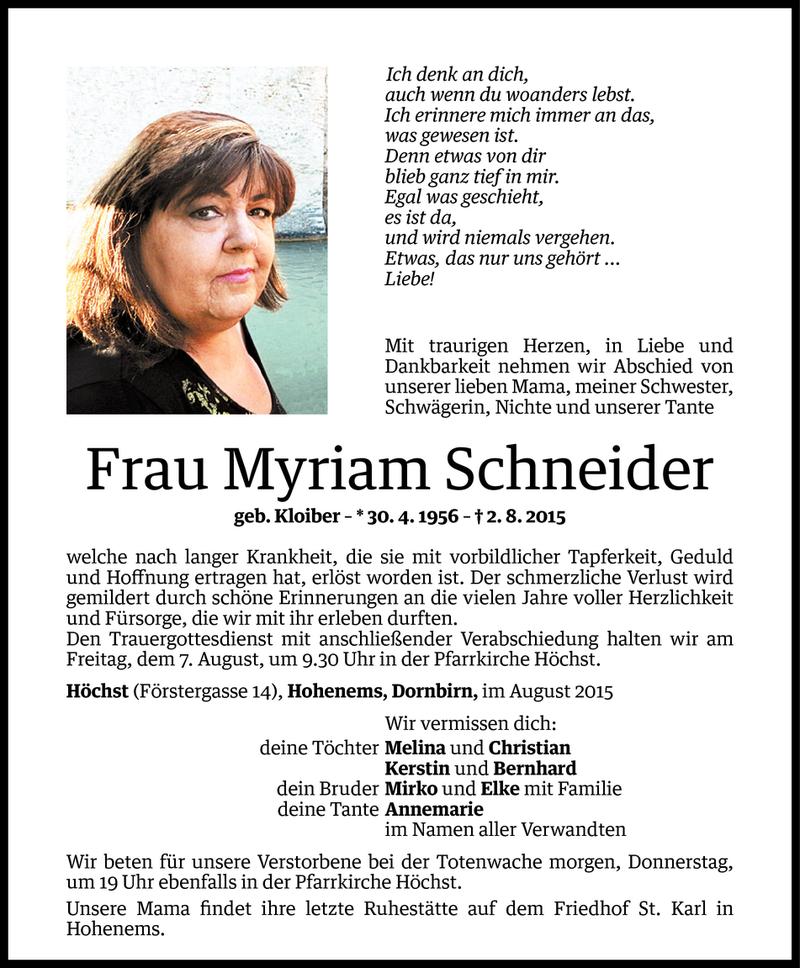  Todesanzeige für Myriam Schneider vom 04.08.2015 aus Vorarlberger Nachrichten