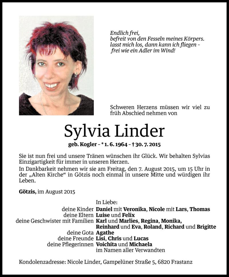  Todesanzeige für Sylvia Linder vom 04.08.2015 aus Vorarlberger Nachrichten