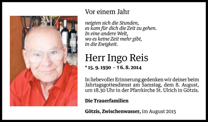  Todesanzeige für Ingo Reis vom 06.08.2015 aus Vorarlberger Nachrichten