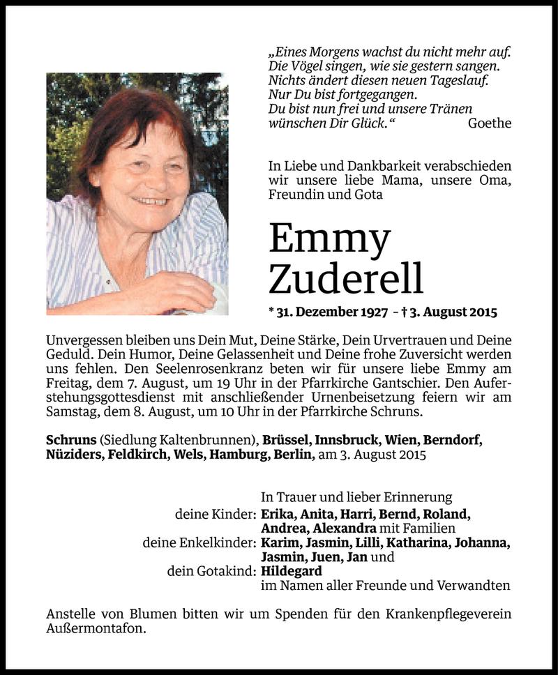  Todesanzeige für Emmy Zuderell vom 04.08.2015 aus Vorarlberger Nachrichten