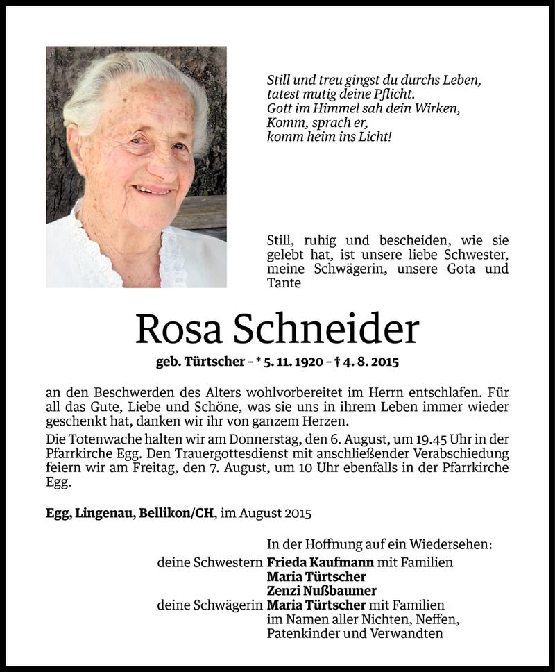  Todesanzeige für Rosa Schneider vom 05.08.2015 aus Vorarlberger Nachrichten