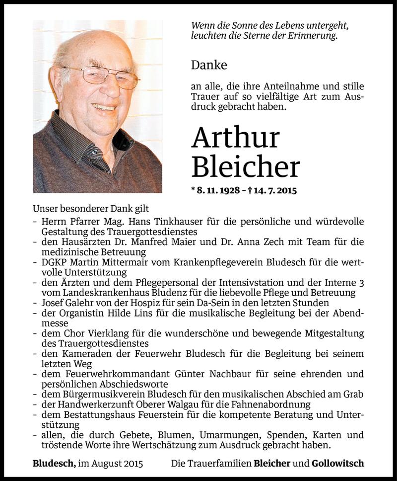  Todesanzeige für Arthur Bleicher vom 07.08.2015 aus Vorarlberger Nachrichten