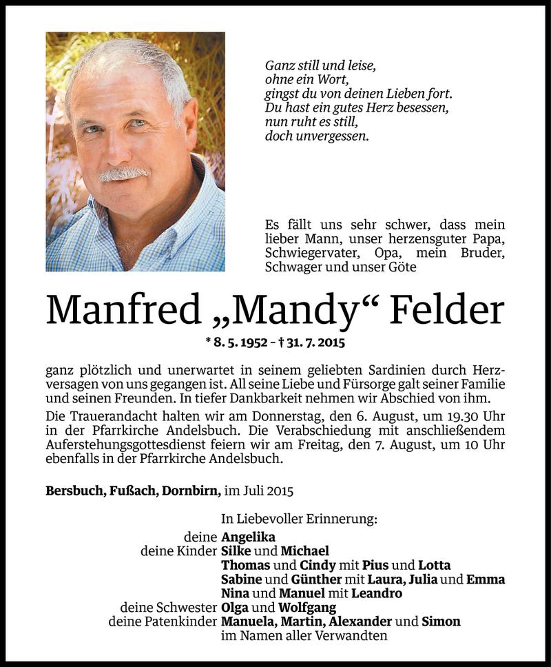  Todesanzeige für Manfred Felder vom 05.08.2015 aus Vorarlberger Nachrichten