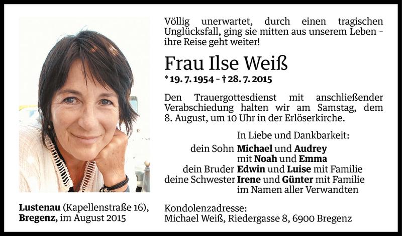  Todesanzeige für Ilse Weiß vom 05.08.2015 aus Vorarlberger Nachrichten