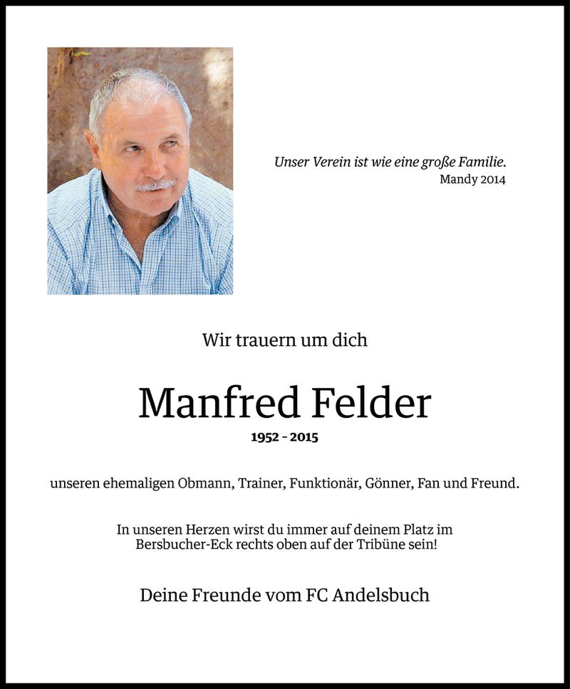  Todesanzeige für Manfred Felder vom 06.08.2015 aus Vorarlberger Nachrichten