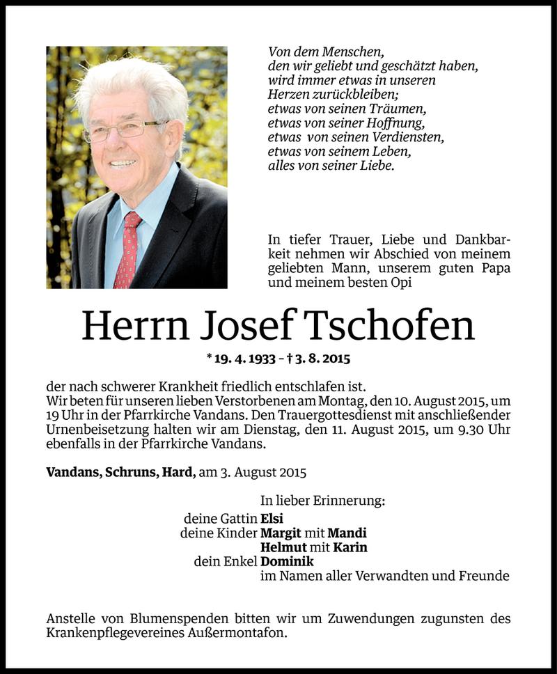  Todesanzeige für Josef Tschofen vom 06.08.2015 aus Vorarlberger Nachrichten