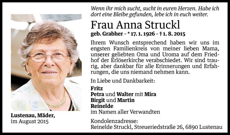  Todesanzeige für Anna Struckl vom 07.08.2015 aus Vorarlberger Nachrichten