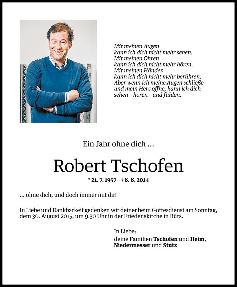  Todesanzeige für Robert Tschofen vom 07.08.2015 aus Vorarlberger Nachrichten