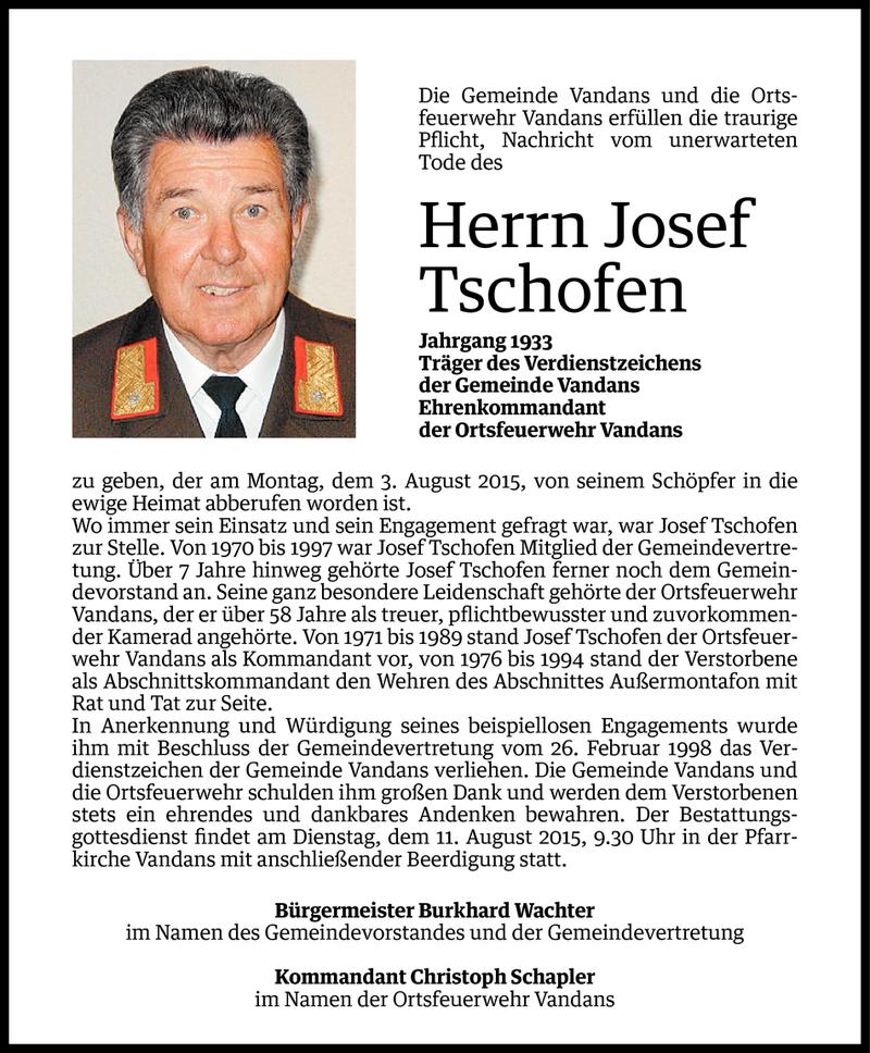  Todesanzeige für Josef Tschofen vom 07.08.2015 aus Vorarlberger Nachrichten