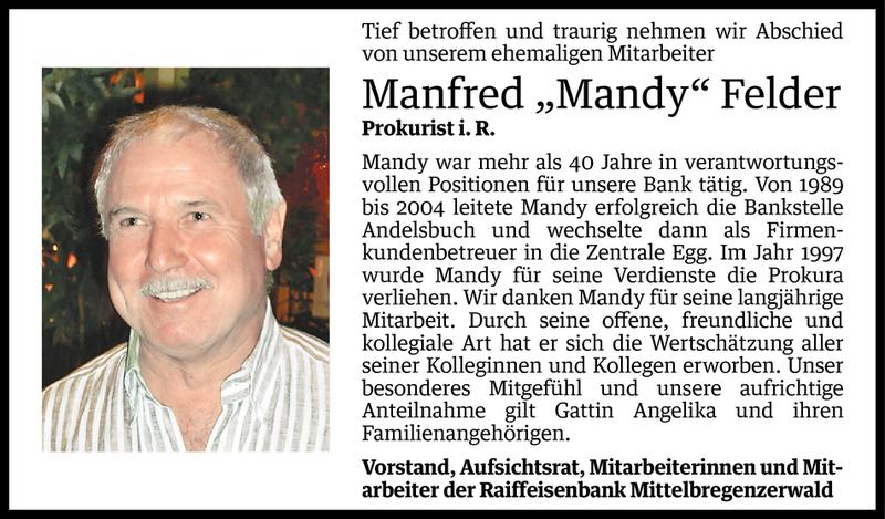  Todesanzeige für Manfred Felder vom 07.08.2015 aus Vorarlberger Nachrichten