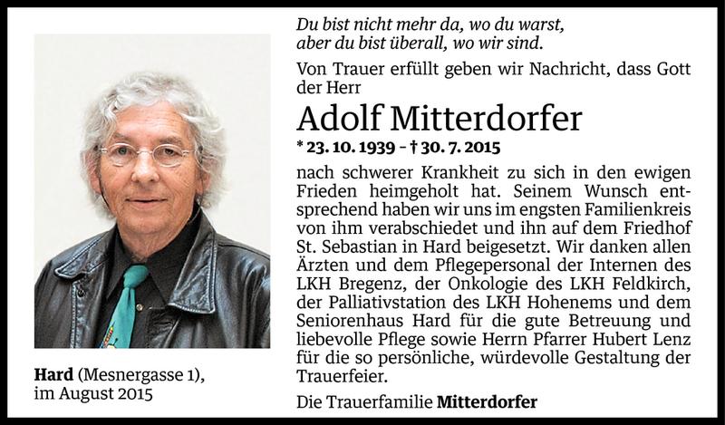  Todesanzeige für Adolf Mitterdorfer vom 07.08.2015 aus Vorarlberger Nachrichten