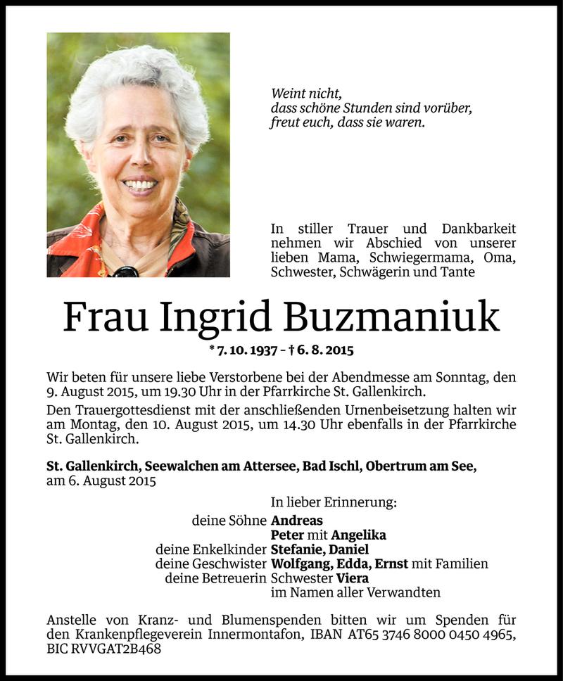  Todesanzeige für Ingrid Buzmaniuk vom 06.08.2015 aus Vorarlberger Nachrichten
