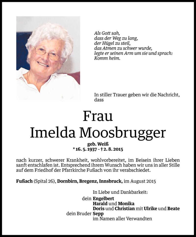  Todesanzeige für Imelda Moosbrugger vom 08.08.2015 aus Vorarlberger Nachrichten