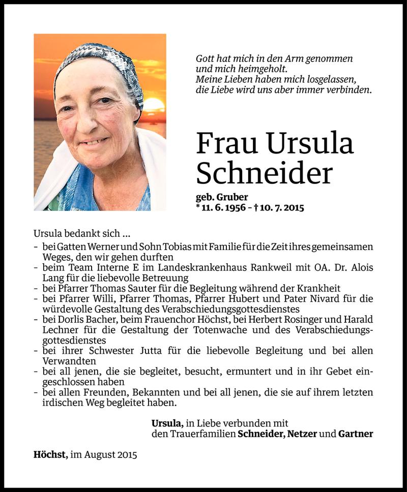  Todesanzeige für Ursula Schneider vom 07.08.2015 aus Vorarlberger Nachrichten