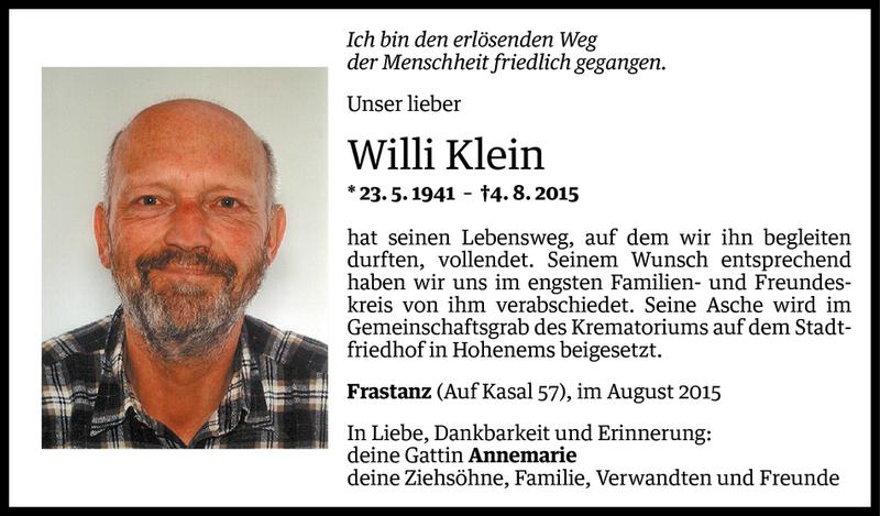  Todesanzeige für Willi Klein vom 10.08.2015 aus Vorarlberger Nachrichten