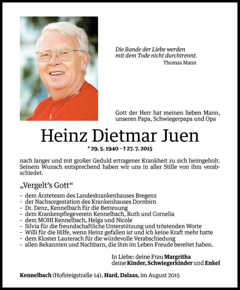  Todesanzeige für Heinz Dietmar Juen vom 08.08.2015 aus Vorarlberger Nachrichten