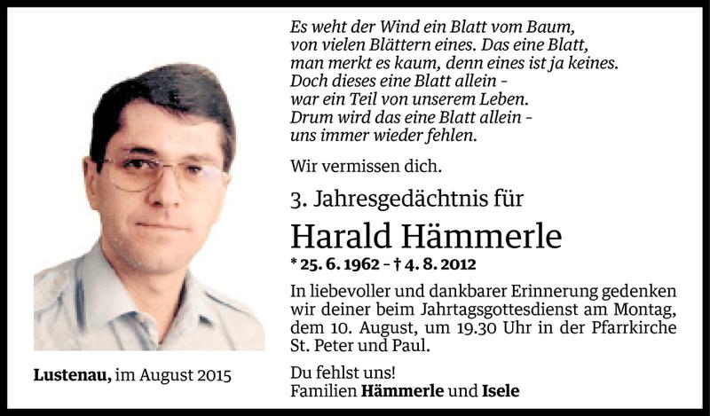  Todesanzeige für Harald Hämmerle vom 07.08.2015 aus Vorarlberger Nachrichten