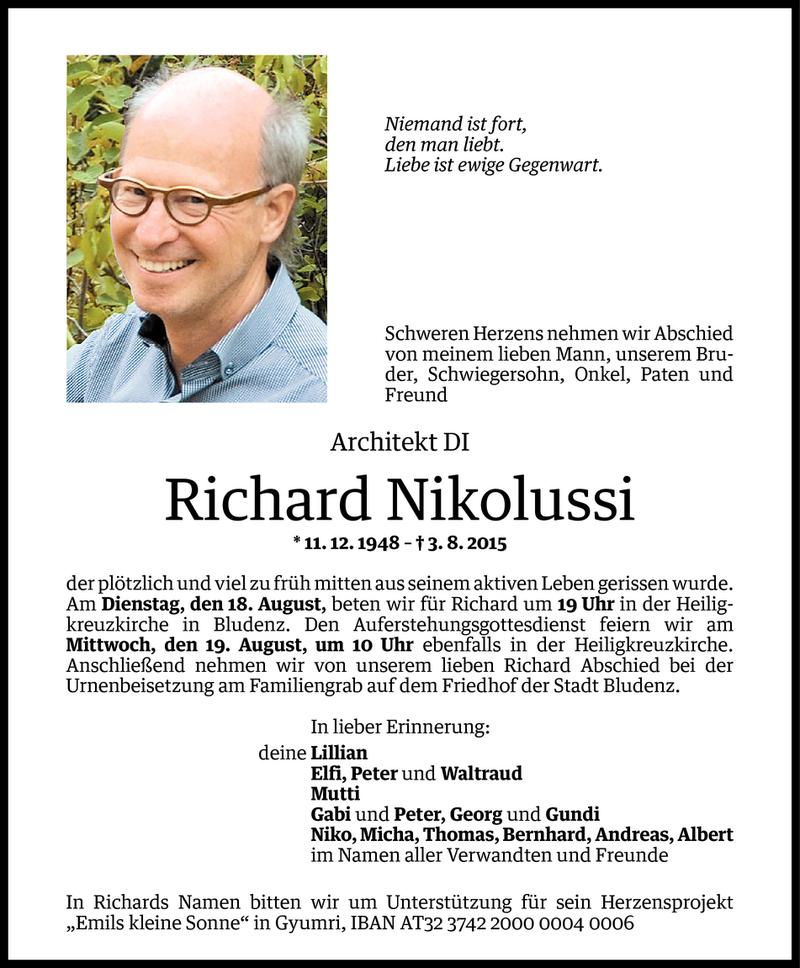  Todesanzeige für Richard Nikolussi vom 12.08.2015 aus Vorarlberger Nachrichten