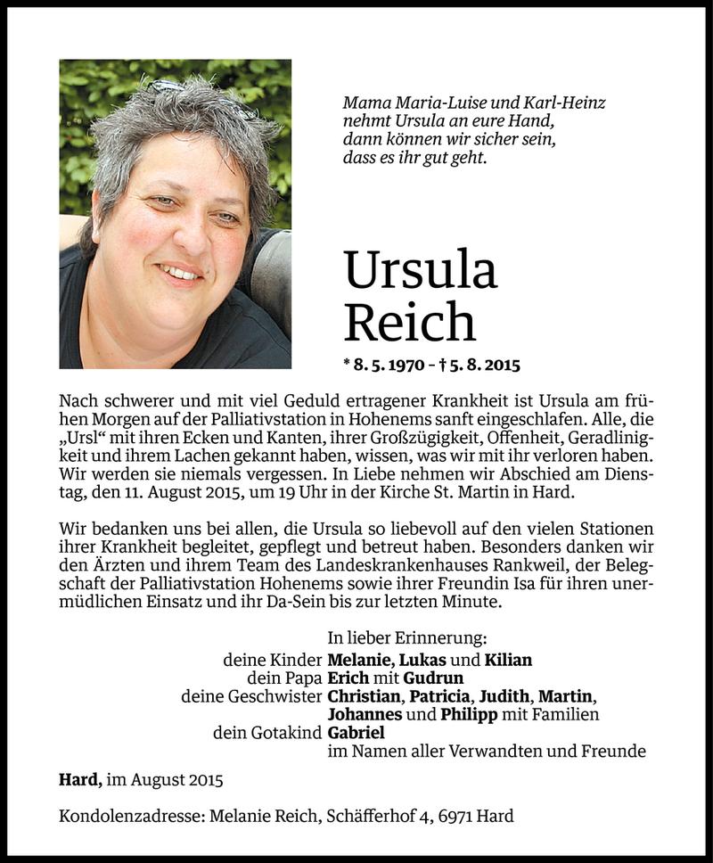  Todesanzeige für Ursula Reich vom 07.08.2015 aus Vorarlberger Nachrichten
