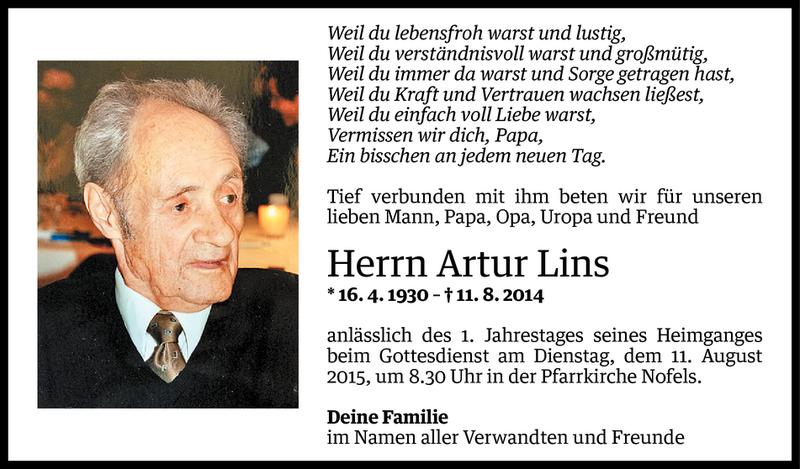  Todesanzeige für Artur Lins vom 07.08.2015 aus Vorarlberger Nachrichten