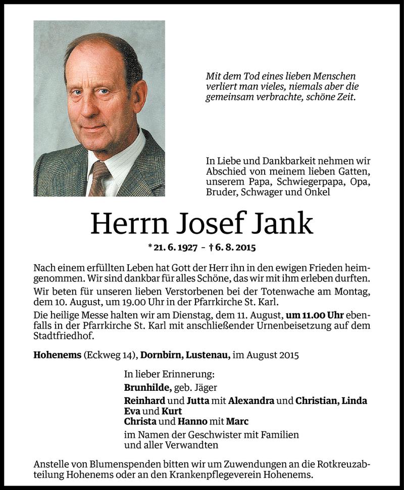  Todesanzeige für Josef Jank vom 08.08.2015 aus Vorarlberger Nachrichten