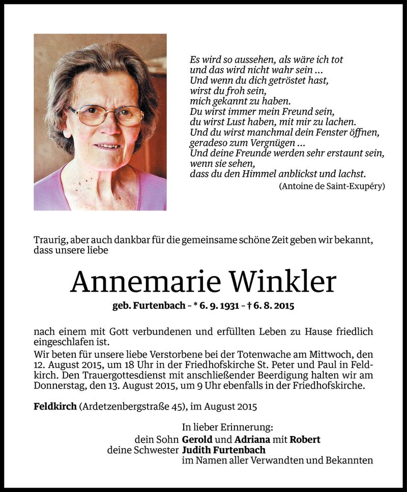  Todesanzeige für Annemarie Winkler vom 09.08.2015 aus Vorarlberger Nachrichten